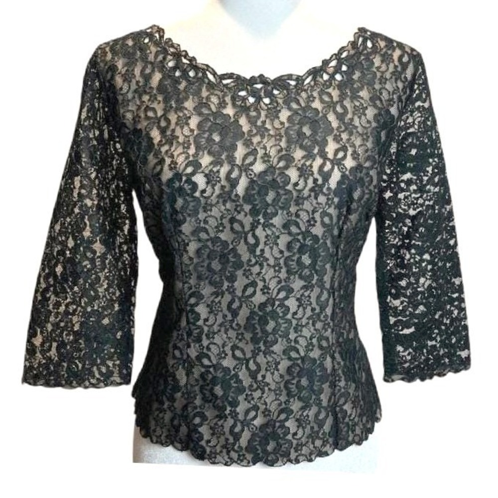 Vintage Black Lace Goth Cocktail Top 60s Sheer 3/4 Sleeve Femme Fatale‎ Size M